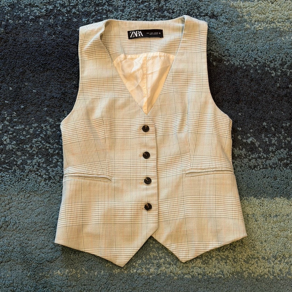 ZARA Structured Vest Waist Coat Light Green Plaid Women's Small